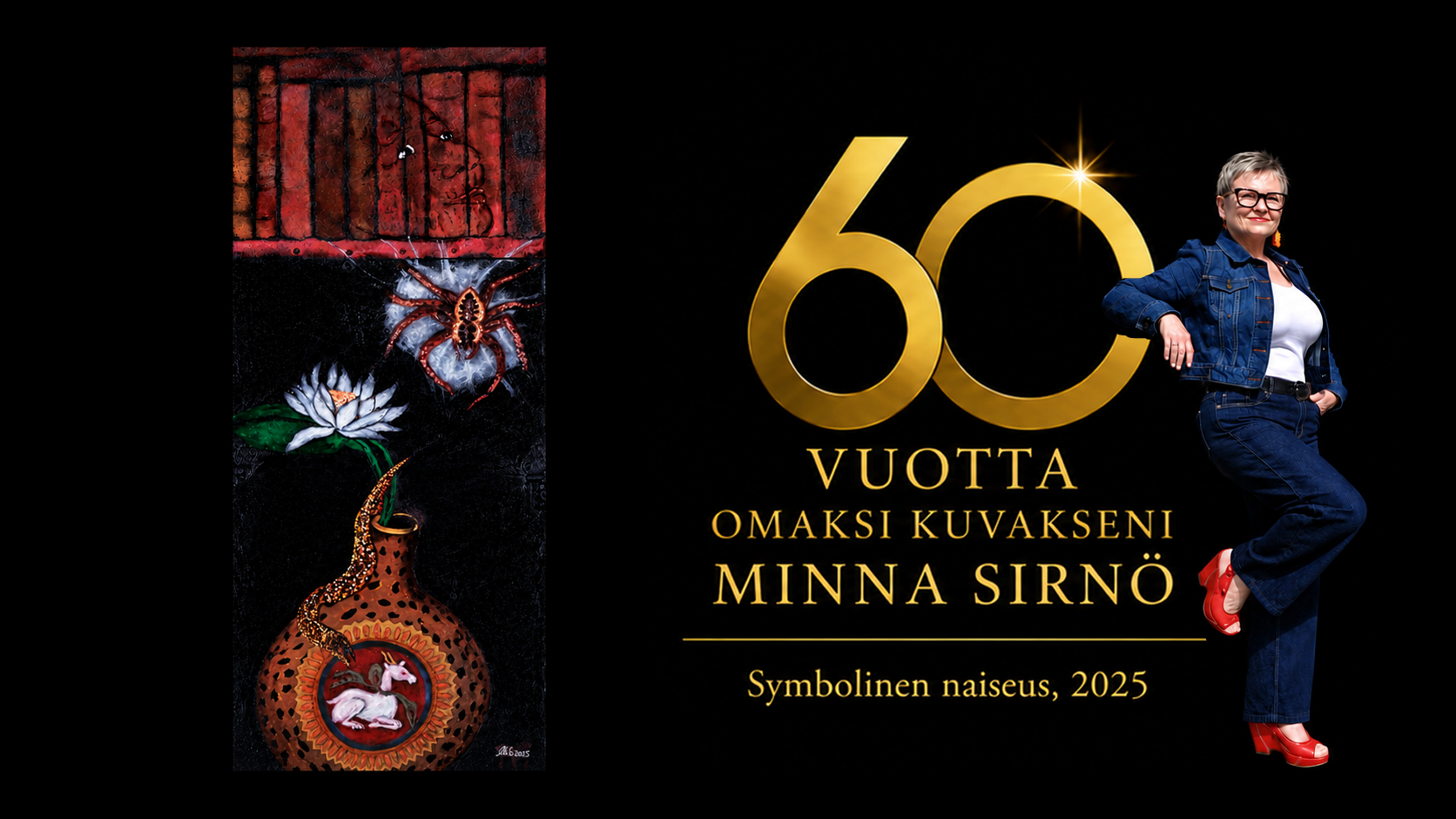 Kuvassa on Symbolinen naiseus -maalaukseni, jossa kuvaan asioita, miten naiseutta on kuvataiteessa ja kirjallisuudessa usein kuvattu suoraan tai kiertoilmaisuin.